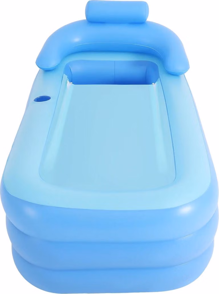 Vasca da bagno gonfiabile per adulti - Pieghevole - 150 x 80 cm - Rettangolare in PVC - Con portabicchieri e cuscino - Tubo di scarico - Max. 85 kg - Blu