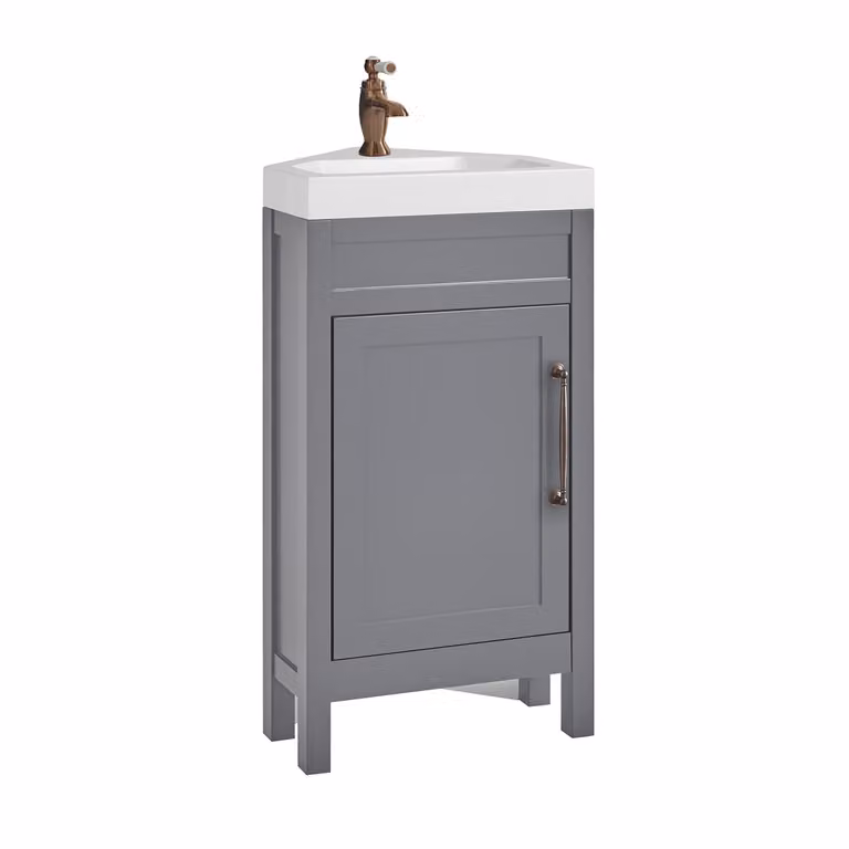 Mobile Bagno Angolare Grigio Chiaro da 450mm con Lavabo e Maniglia Classica con Barra a T in Bronzo Spazzolato - Warwick
