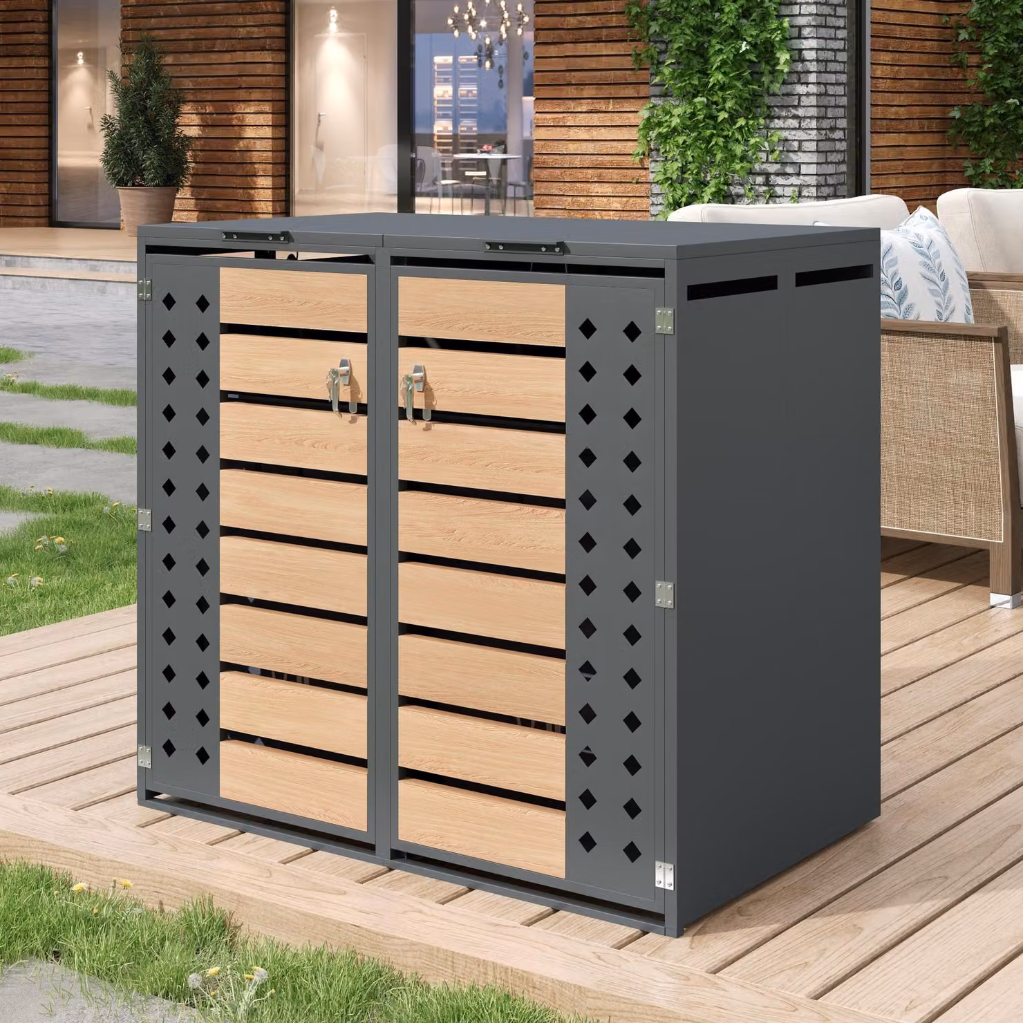 Box per cassonetti GL Store con coperchio ribaltabile idraulico, due scomparti separati e porte chiudibili a chiave, L 132 cm x P 80 cm x H 118,5 cm, Grigio e Colore naturale – 2
