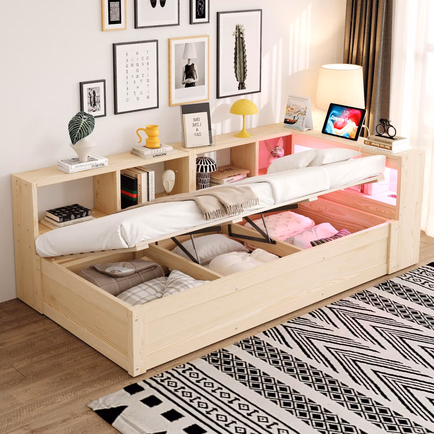 Divano letto idraulico Flieks con struttura in legno 90x200 cm con vani portaoggetti, divano letto con funzione di contenimento e illuminazione a LED, letto per bambini e ragazzi, finitura naturale