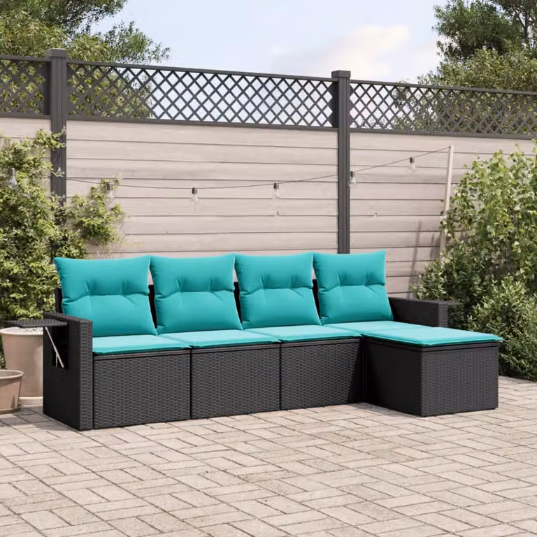 Set di divani da giardino vidaXL in polyrattan nero con cuscini e pouf a forma di L