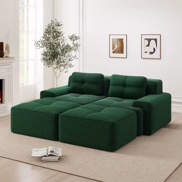 Divano Modulare a U con Ottoman ¨C Xylo ¨C Verde, Velluto a Coste, Componibile
