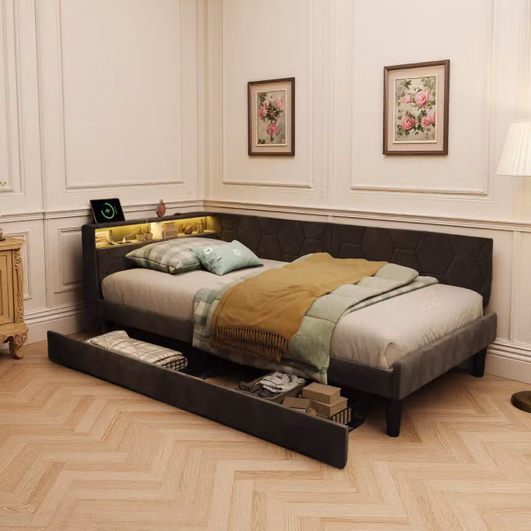UnboxG Letto imbottito 90x200 cm con vano contenitore nella testiera, illuminazione a LED, USB e Type-C, 2 cassetti, tessuto in velluto grigio, letto singolo Letto per ragazzi Letto funzionale