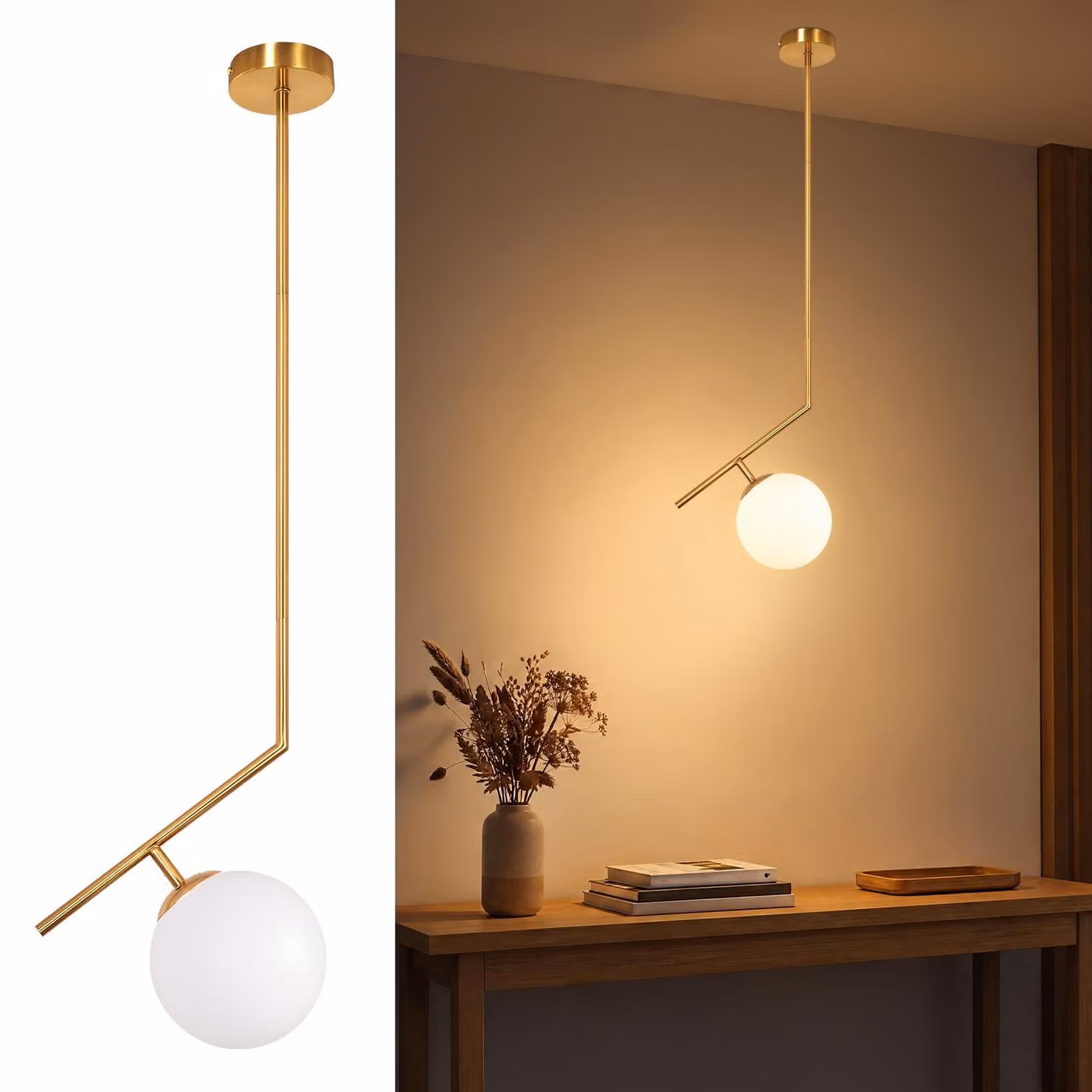 Lampada a sospensione ZMH, una luce, vetro opale, ideale per la sala da pranzo, finitura dorata, design moderno, lampada a sospensione G9 per sala da pranzo, soggiorno, cucina, camera da letto