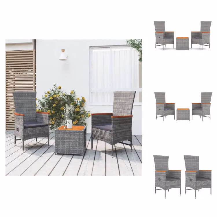 vidaXL Set 3 pezzi da giardino in poly rattan grigio e legno massiccio di acacia - Set di mobili da giardino