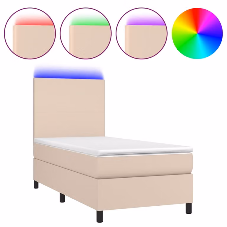 Giroletto Molle Materasso e LED Cappuccino 90x190 cm Pelle finta