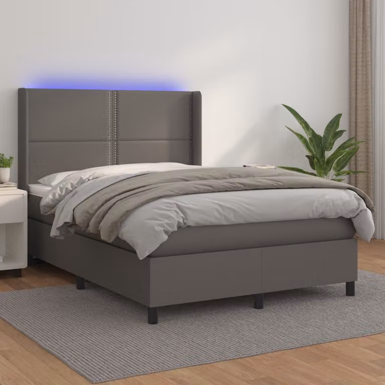 vidaXL Letto con Giroletto a Molle, Materasso Ibrido e Illuminazione LED, Grigio e Bianco, L/P/H: 140 x 190 cm