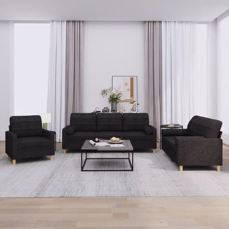 Set di divani vidaXL da 3 pezzi in tessuto nero con cuscini per soggiorno moderno
