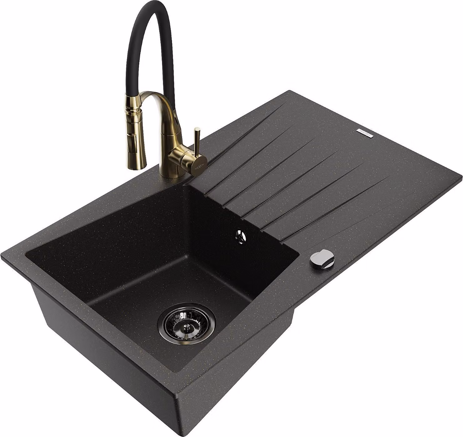 Mexen Cesar lavello in granito a 1 vasca con sgocciolatoio e rubinetto da cucina Aster, nero/oro metallizzato