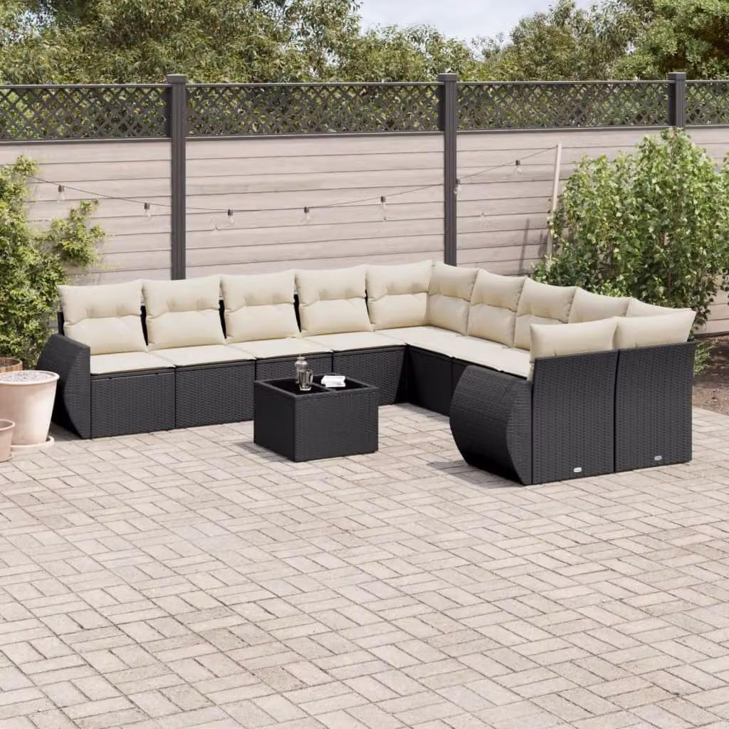 vidaXL Set Divani da Giardino 11 pz con Cuscini, Struttura in Metallo e Polyrattan Nero e Bianco – 1