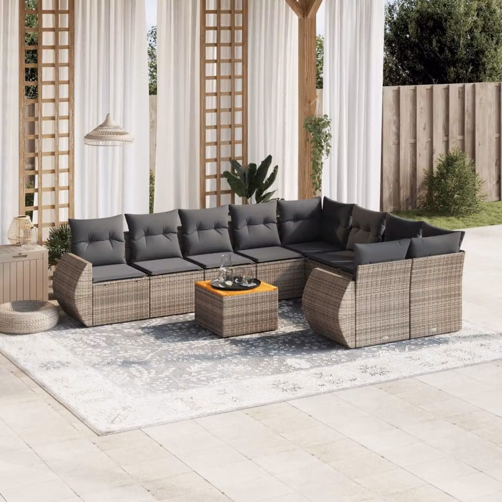 vidaXL Set Divano da Giardino a L 10 pz in Polyrattan Grigio con Cuscini e Tavolino – 1