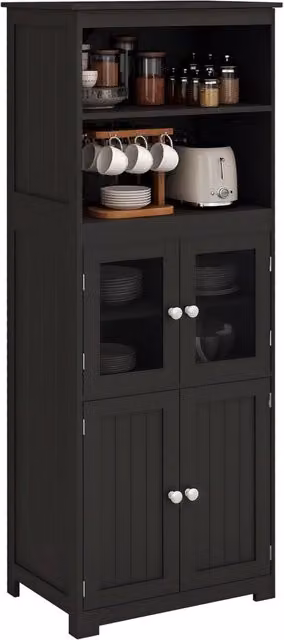 Mobile Dispensa Cucina Buffet con Ante in Vetro Credenza Multiuso Salvaspazio con Ripiano Regolabile Nero 60x30x162 cm