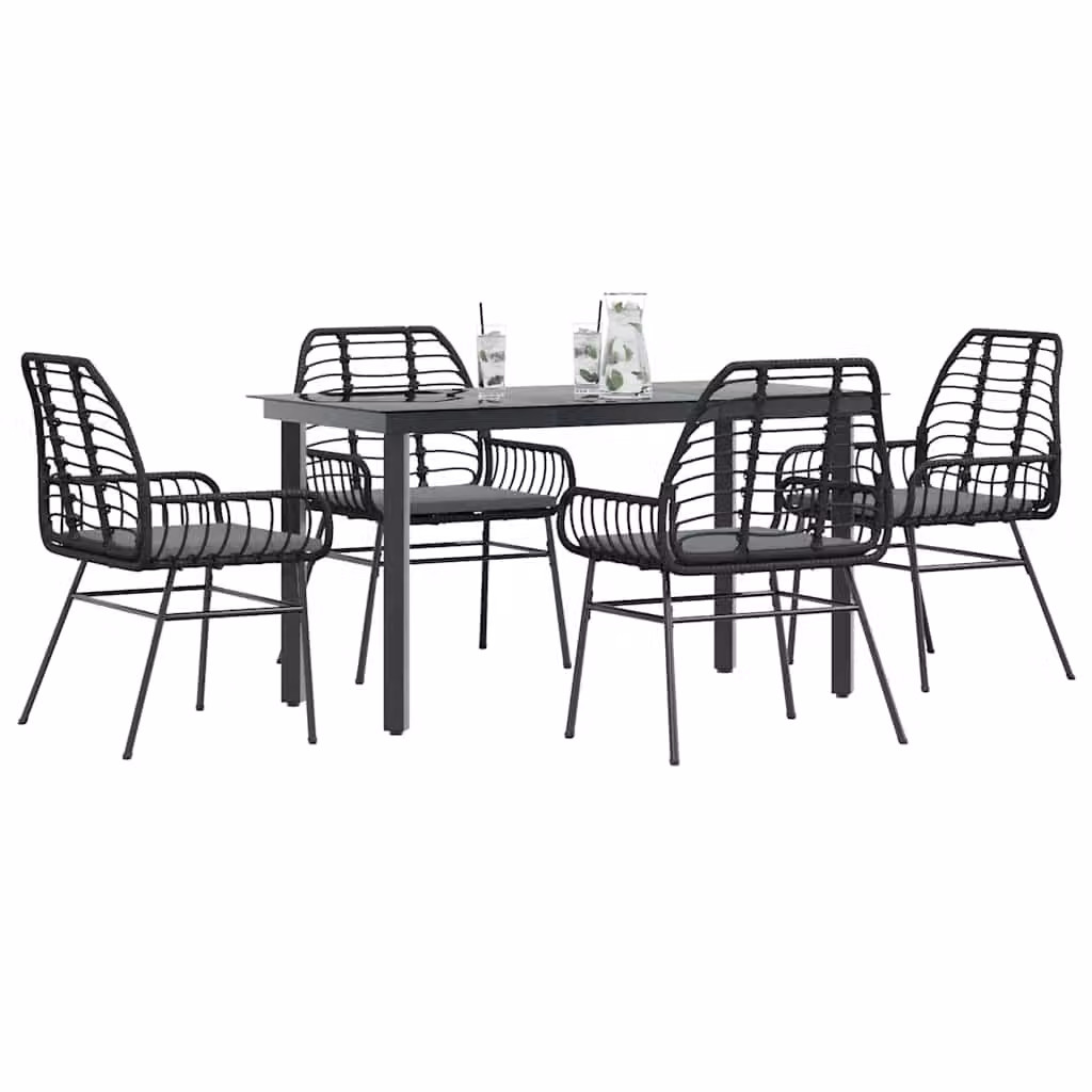 Set da pranzo da giardino vidaXL in polyrattan con tavolo in vetro e 5 cuscini, nero e grigio