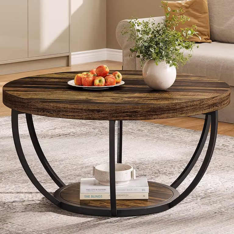 Tavolino rotondo, stile industriale, con due ripiani, ideale come tavolino da caffè, realizzato in legno e metallo