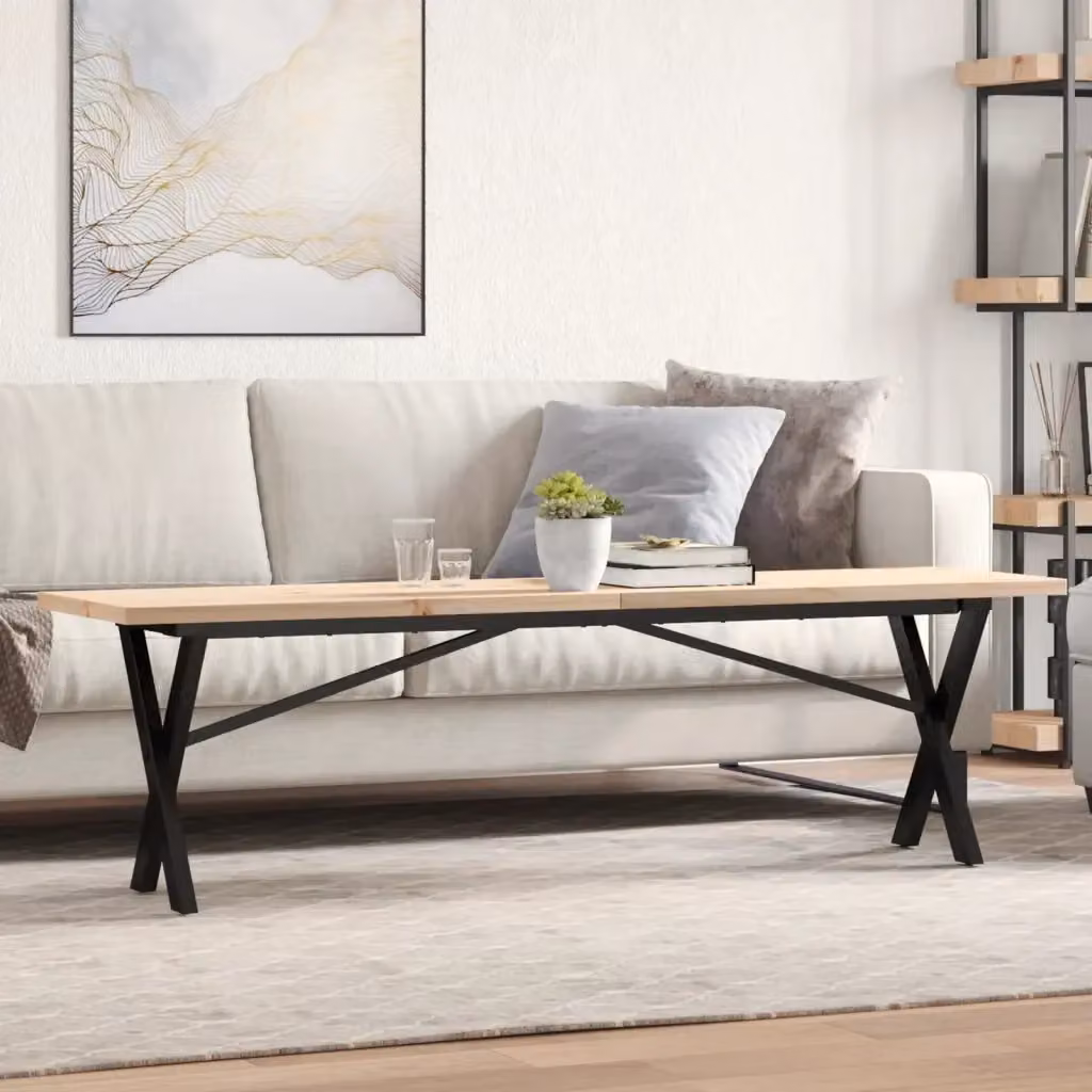 Tavolino da soggiorno rettangolare in legno di pino e acciaio con telaio a X marrone L/P/H: 160 x 40 x 45,5 cm – 2