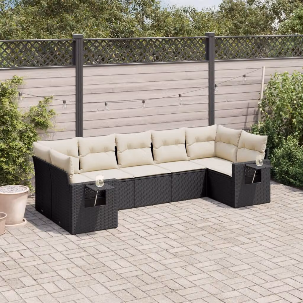 vidaXL Set Divano da Giardino a L con 7 Pezzi in Polyrattan Nero e Cuscini Imbottiti – 1