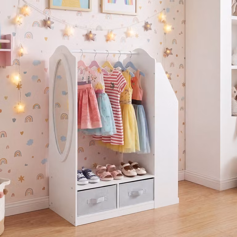 Costway Guardaroba per bambini con specchio acrilico scomparto aperto, Armadio per bambini con 4 cassetti in tessuto pieghevoli Bianco