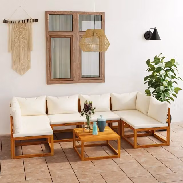 Set Divani da Giardino 7 pz con Cuscini Crema Massello Acacia 3057653