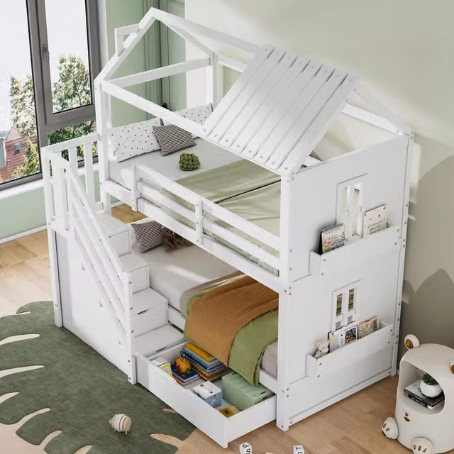 Letto a castello REDOM per bambini in legno e MDF bianco con scala contenitore e cassetti L/P/H: 90 x 200 cm
