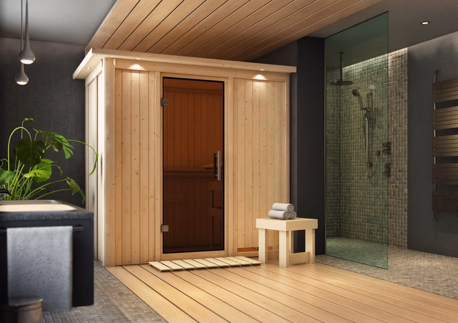 Sauna Variado: senza illuminazione per il soffitto: stufa da 9 kW con controllo integrato: grafite. Porta in vetro completamente trasparente. Illuminazione per il soffitto: assente. Stufa per sauna: 9 kW, con controllo integrato. Porta per sauna: in grafi