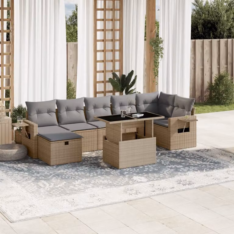 vidaXL Set Divano da Giardino a L 8 pz con Cuscini Beige e Tavolino, Polyrattan e Acciaio