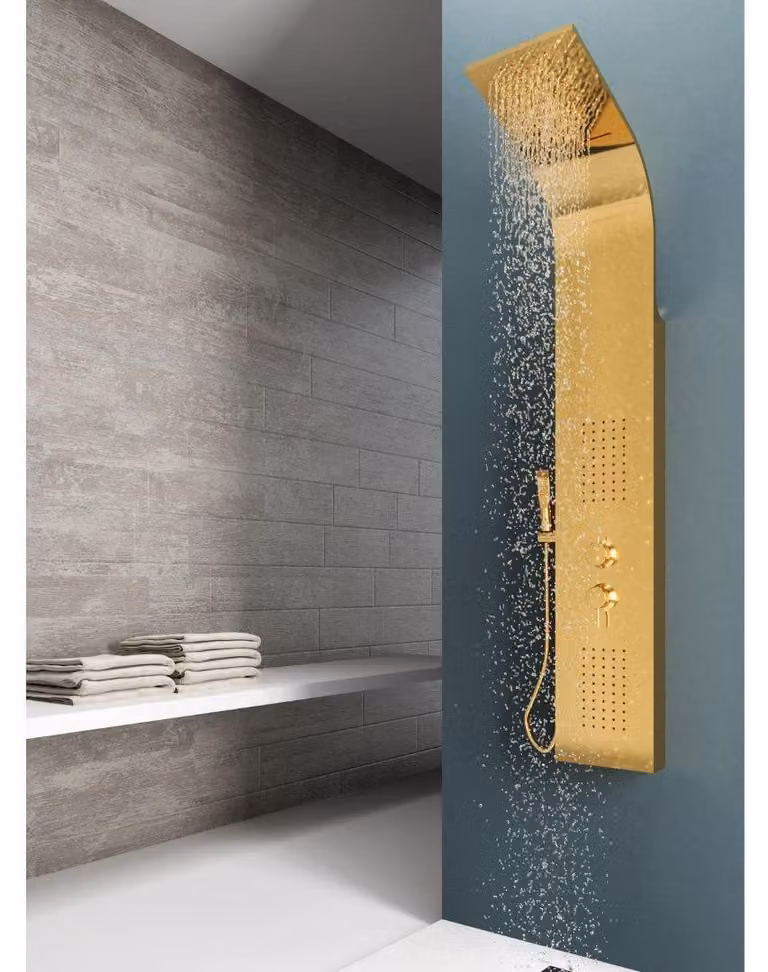 Pannello doccia in acciaio dorato, 4 funzioni: cascata, doccetta manuale, miscelatore
