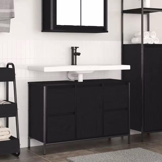 Mobile Lavabo Moderno vidaXL in Rovere Nero con Cassetti e Ripiani, L: 90 cm, P: 34,5 cm, H: 60 cm – 1