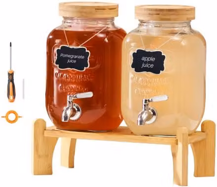 Set di 2 distributori di bevande VEVOR in vetro trasparente con supporto in legno e rubinetto antigoccia, capacità 3,8 l ciascuno