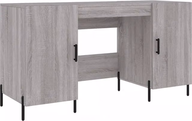 Scrivania da ufficio in stile industriale con piano in legno e struttura in metallo, colore grigio, L 140 cm x P 50 cm x H 75 cm