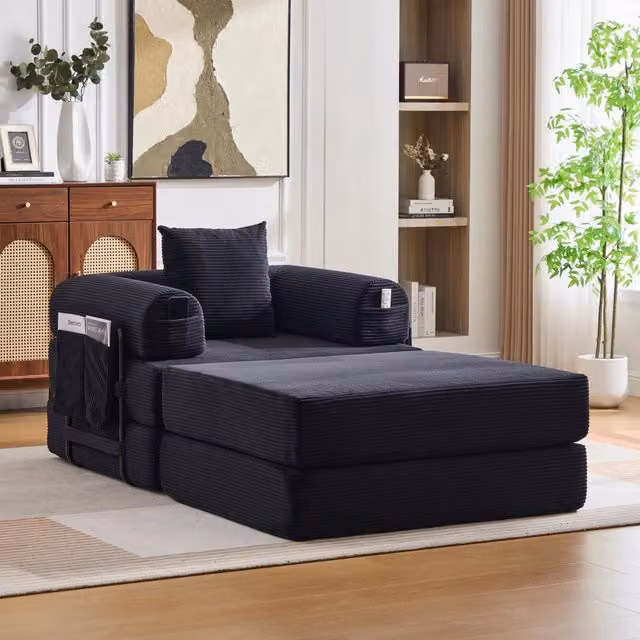 Divano modulare MIVRAY in velluto a coste nero con pouf coordinato e struttura in metallo