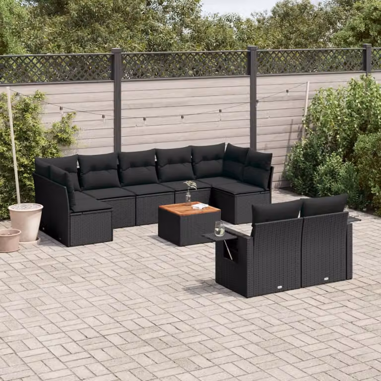 vidaXL Set Divani da Giardino a L in Polyrattan Nero con Cuscini e Tavolino da Esterno
