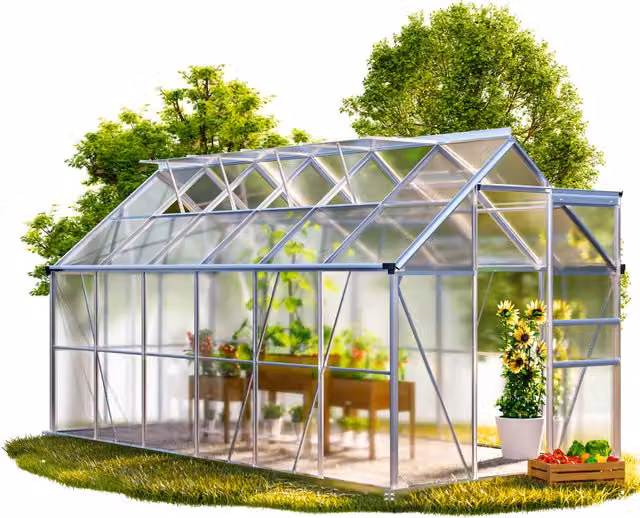 Serra da giardino Gardebruk con fondamenta in acciaio zincato e struttura in alluminio argento, pareti in policarbonato e finestre scorrevoli, L/P/H: 380 x 190 x 195 cm