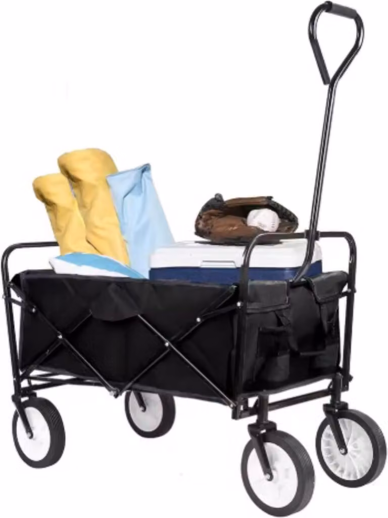 Carrello a mano - Nero - Carrello da giardino e da spiaggia pieghevole - Con maniglione di spinta - Per tutti i terreni - Capacità di carico 115 kg