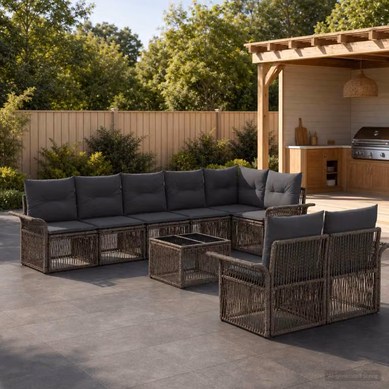 Set Divano da Giardino vidaXL 9 pz Grigio in Polyrattan con Cuscini e Tavolino
