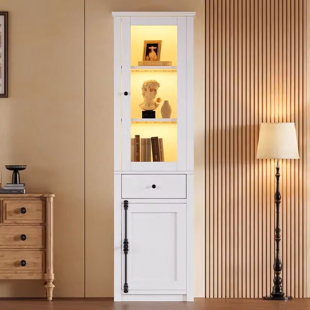Vetrina alta bianca 55 x 40 x 200 cm con anta superiore in vetro e LED