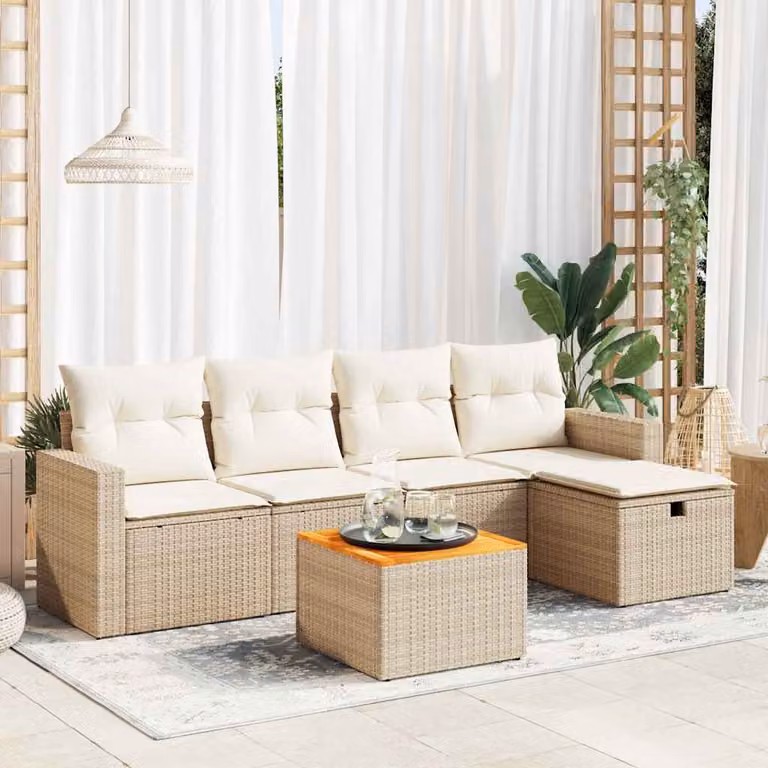 Set Divano da Giardino a L vidaXL 6 pz con Cuscini Beige e Struttura in Polyrattan e Acciaio