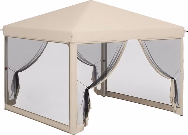 Gazebo Outsunny Pieghevole Pop-up Impermeabilizzato Stile Coloniale Beige L: 300 cm, P: 300 cm, H: 265 cm con 4 Zanzariere e Sacca per il Trasporto