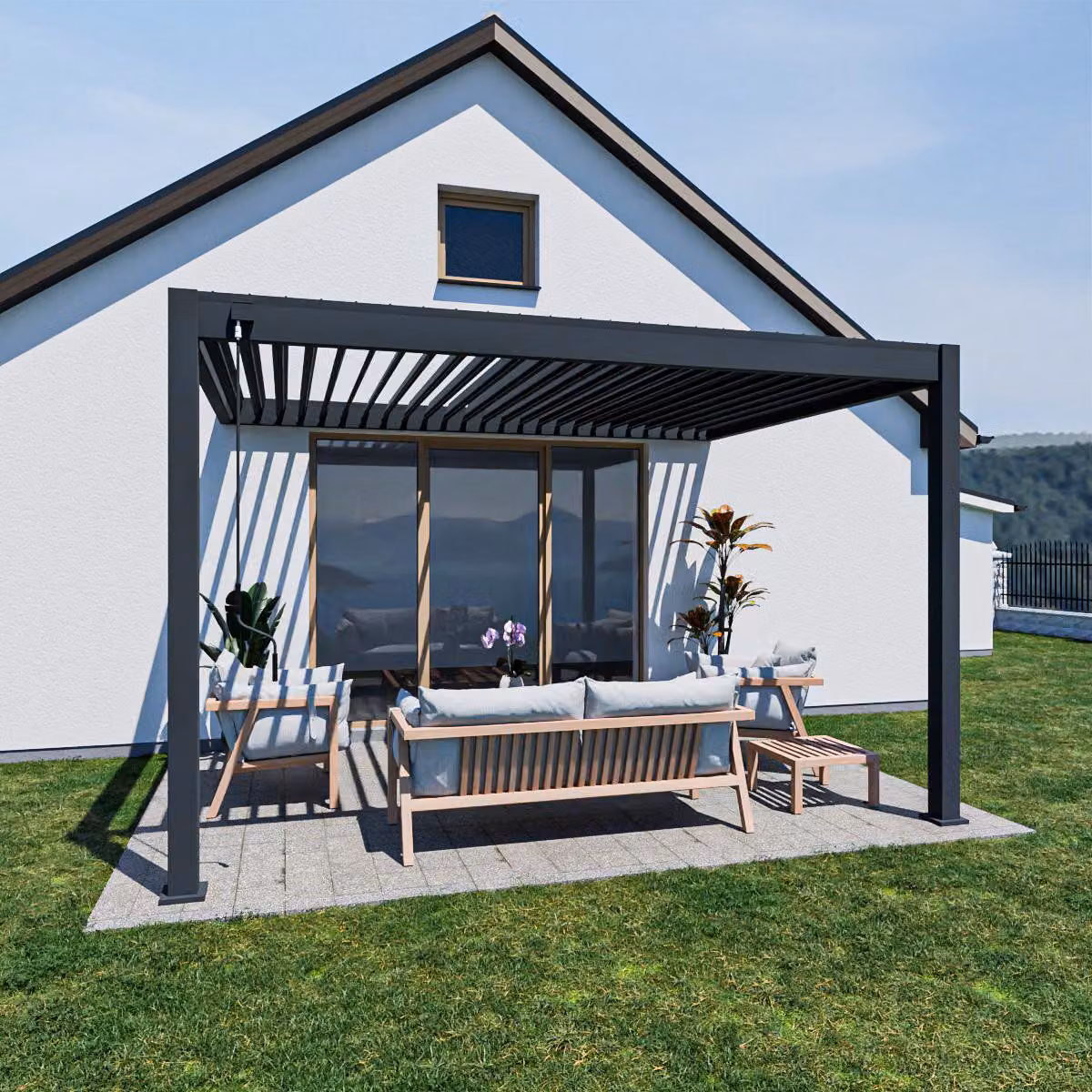 Pergola da parete Weide Deluxe interamente in alluminio 3x4 m con tetto a lamelle antracite