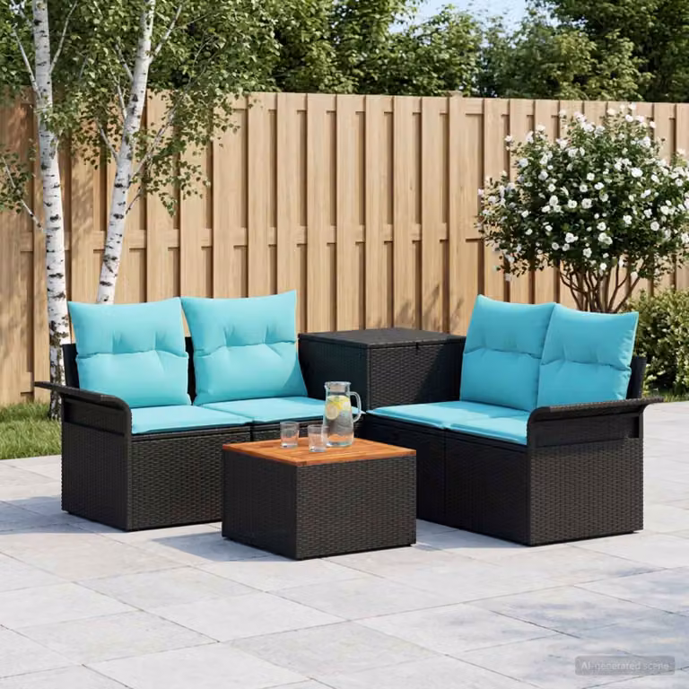 Set di divani da giardino vidaXL composto da 6 pezzi con struttura in metallo e cuscini inclusi, colore nero e blu