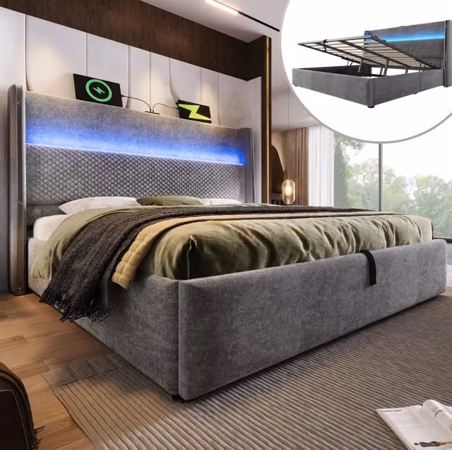 Letto matrimoniale ULEVR 140x200 cm con contenitore idraulico, LED e porte USB/Type-C, lino grigio