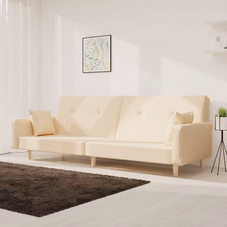 Divano letto 2 posti, con 2 cuscini, rivestito in tessuto crema, collezione Maison Exclusive
