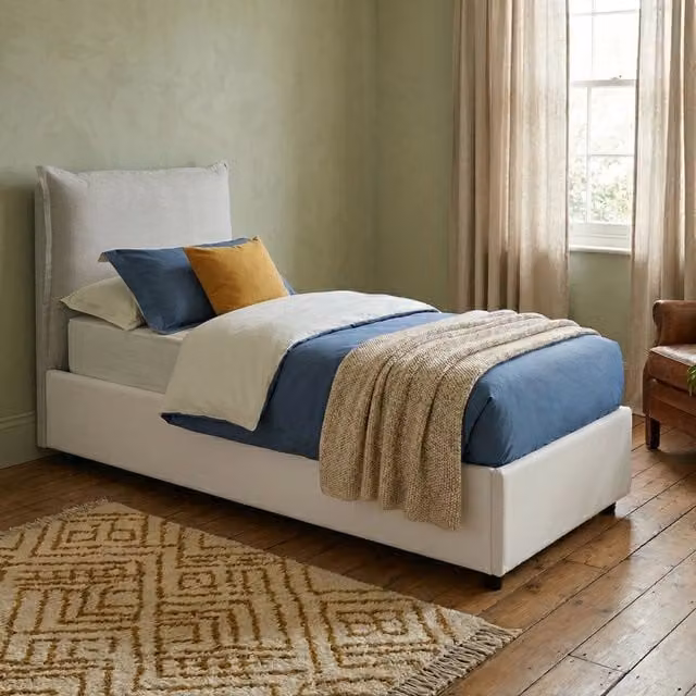 Letto contenitore con base a sollevamento Talamo Italia, modello moderno in tessuto bianco, dimensioni 90x200 cm