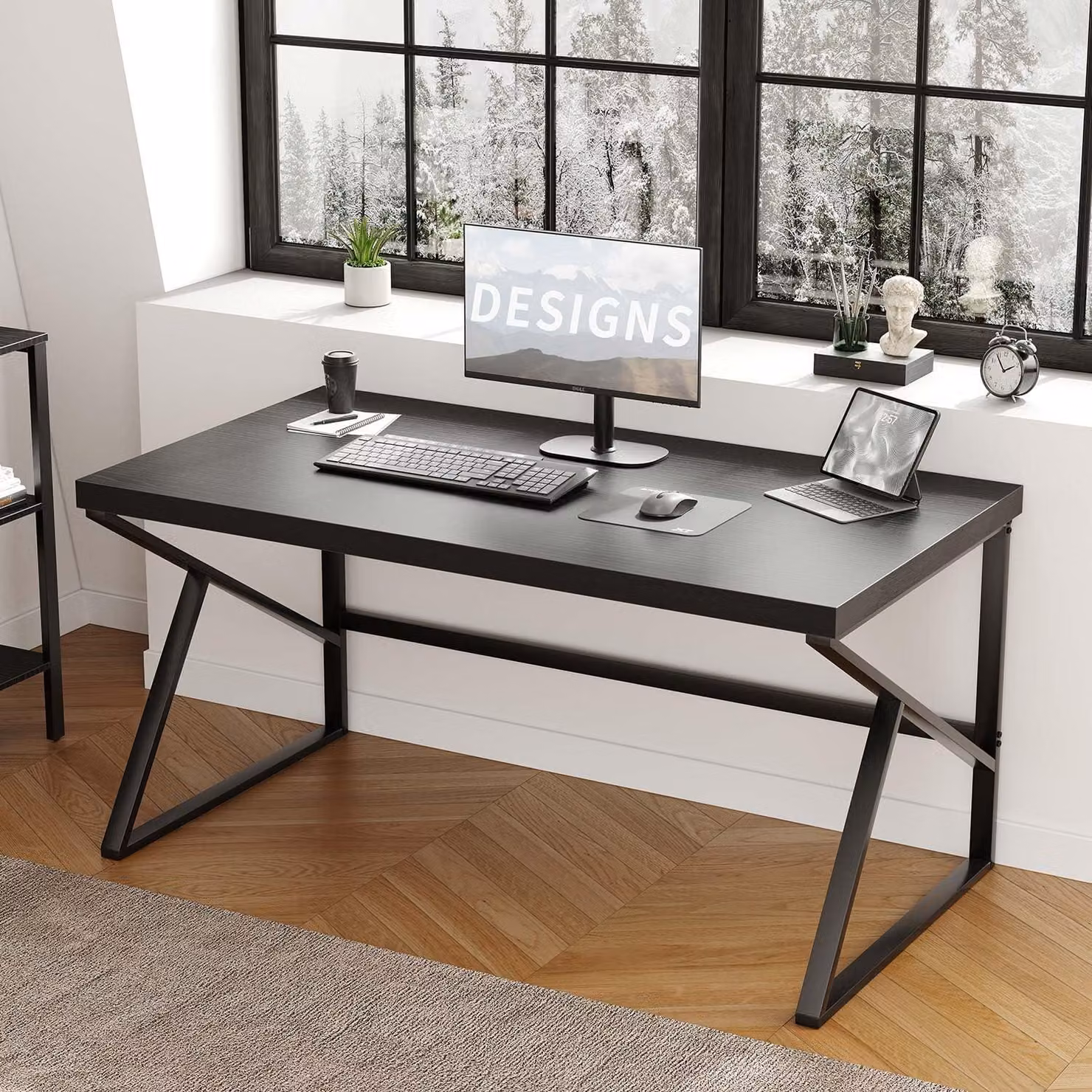 Scrivania da ufficio - Impiallacciatura di quercia nera - 140x60x75 cm - Struttura in metallo e piano in legno - Ideale per l'ufficio domestico e la stanza di lavoro