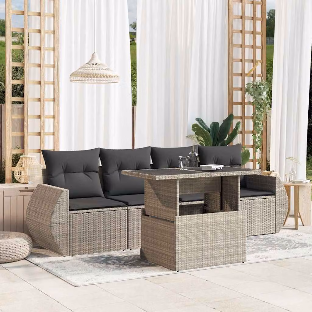 Set Divano da Giardino vidaXL 5 Pezzi in Polyrattan con Cuscini Grigio Antracite e Tavolino – 1