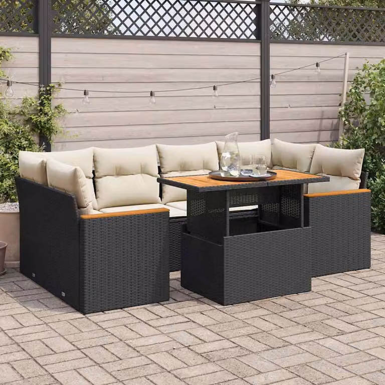 Set Divano da Giardino vidaXL 6 pz a Forma a L in Polyrattan e Legno di Acacia con Cuscini Bianchi e Tavolino Nero
