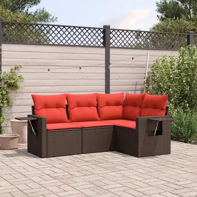 Set da giardino moderno vidaXL in polyrattan marrone con cuscini e tavolino da esterno a forma di L per 4 persone