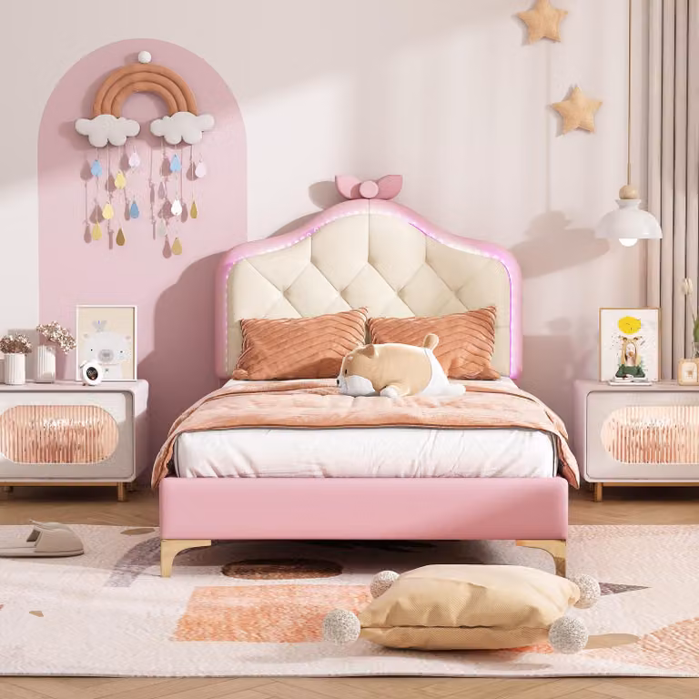 Letto imbottito 90x200cm, letto singolo, con multicolore, letto per bambini con doghe in legno, letto singolo, PU, rosa