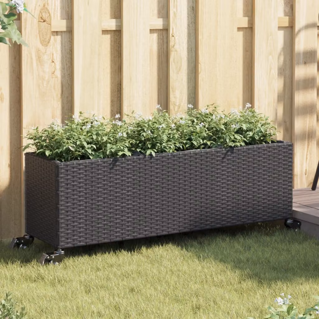 Set di 2 fioriere da giardino con ruote vidaXL in polyrattan nere L: 107 cm, P: 32 cm, H: 38 cm