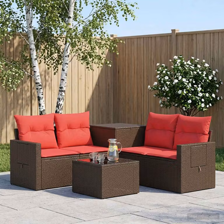 Set di divani da giardino vidaXL a forma di L composto da 6 pezzi con tavolino da caffè, in rattan sintetico e metallo, colore marrone e rosso