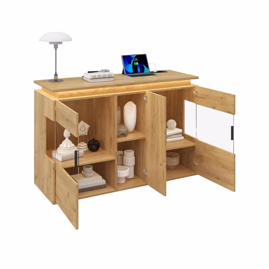 Credenza Chicfurn moderna in rovere chiaro con ante in vetro, vani aperti, illuminazione LED e ricarica USB per soggiorno, L: 120 cm, P: 40 cm, H: 79.5 cm – 2